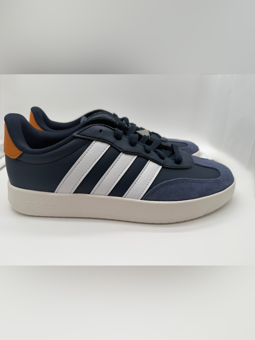 NEW!!! adidas Barred Navy and White Low-Top  Sneakers with Orange Heel Accent